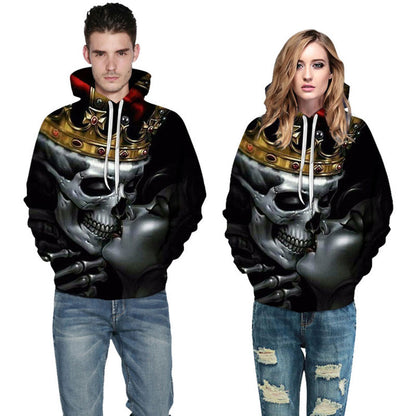 Digital Printed Kissing Skull Hooded Men's Sweatshirt