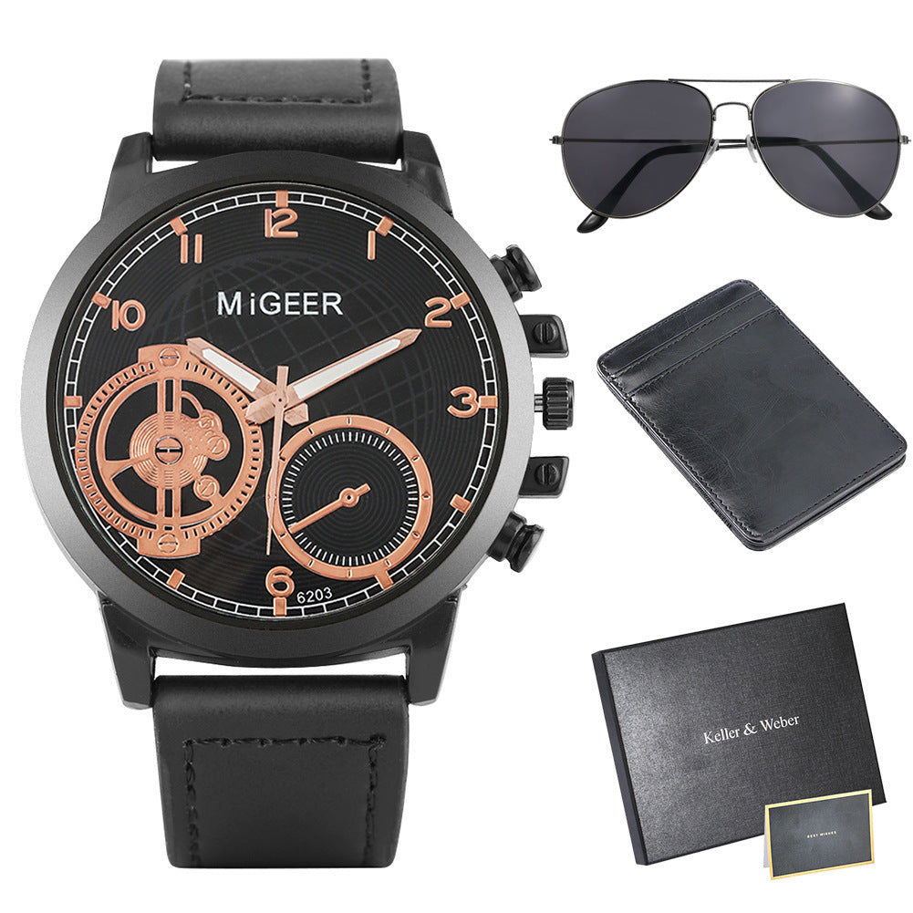 Men's Quartz Watch Sunglasses Wallet Combination Set