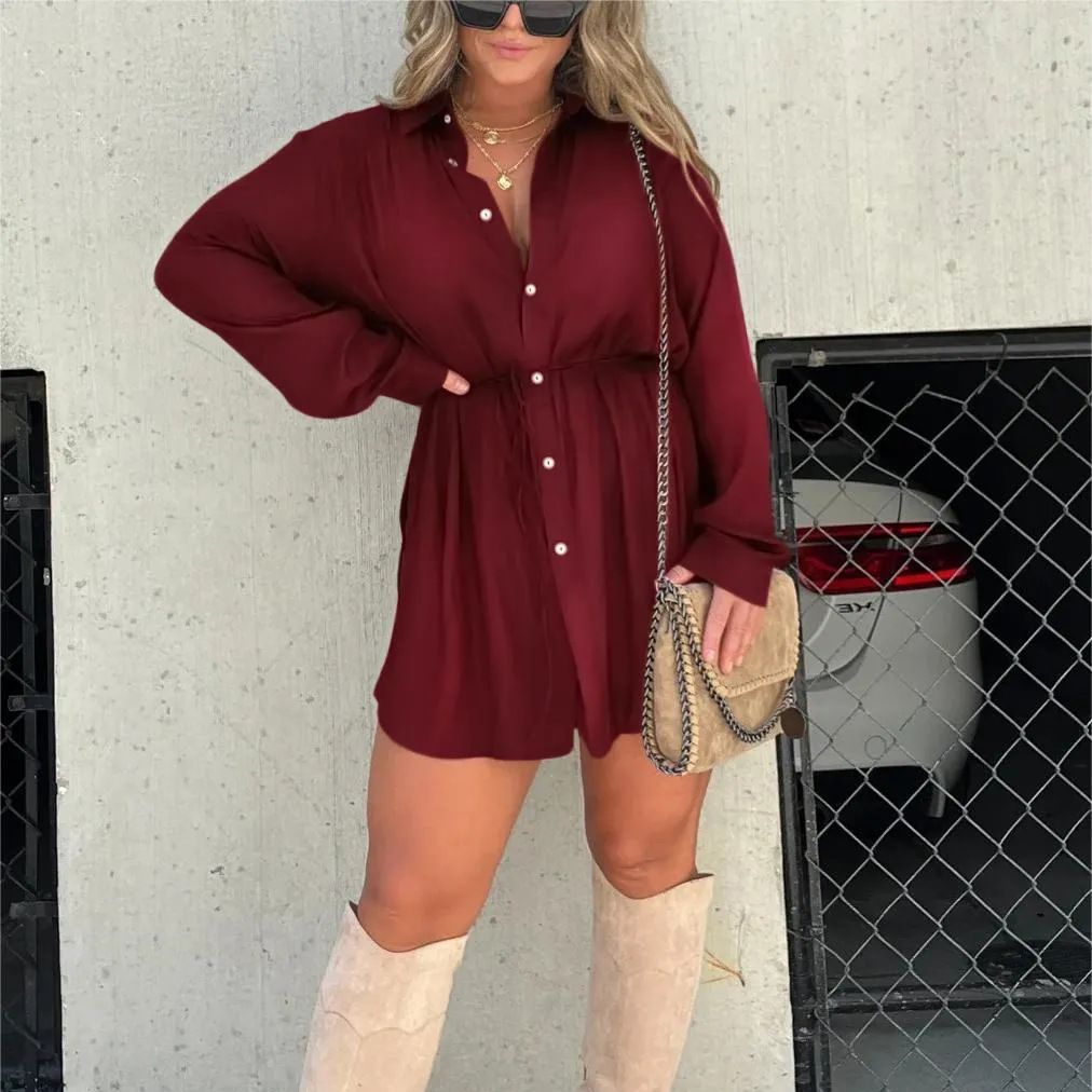 Combinaison à manches longues pour femme avec robe chemise tendance à boutons