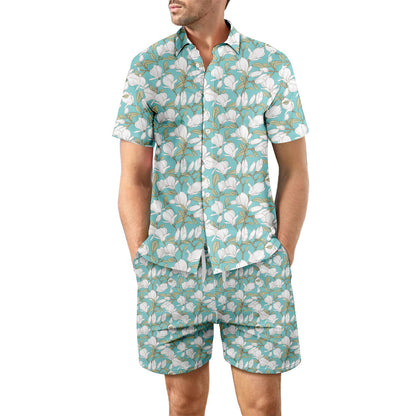 Ensemble 2 pièces chemise de plage imprimée costume d'été haut à revers ample boutonné et poches à cordon short décontracté à manches courtes costumes pour hommes vêtements