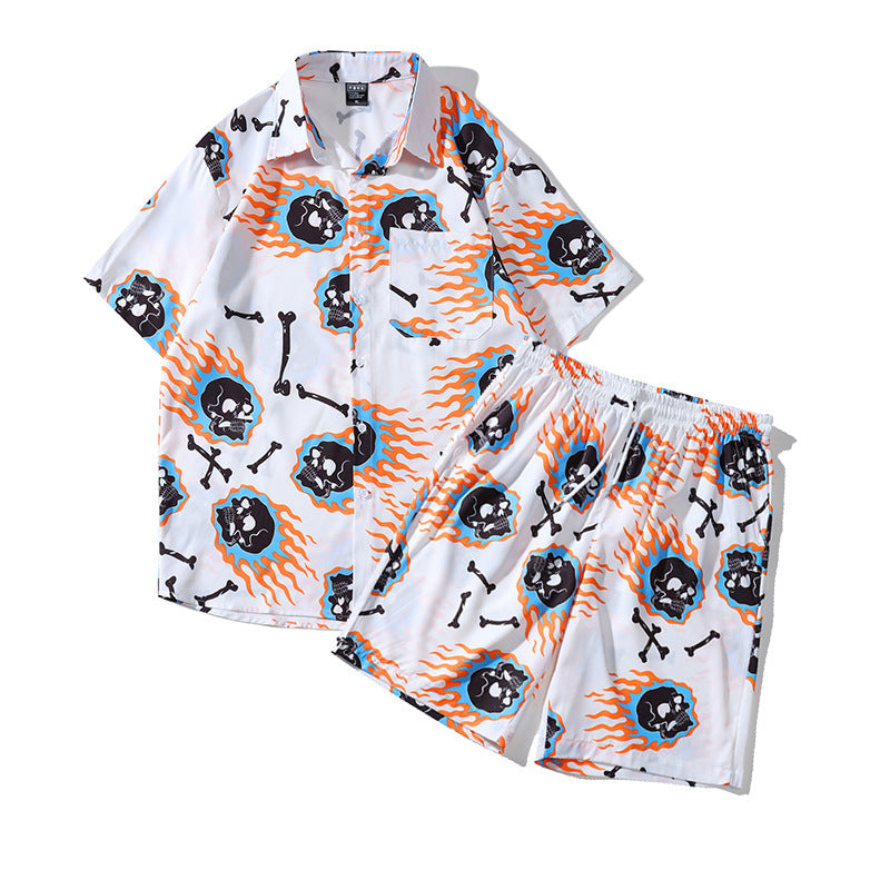 Men's Casual Beach Skull Print Shirt Shorts Set