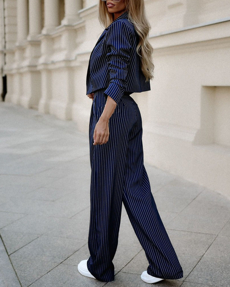 Costumes à rayures à la mode, tenues décontractées à revers, haut court à manches longues et pantalon droit, vêtements pour femmes