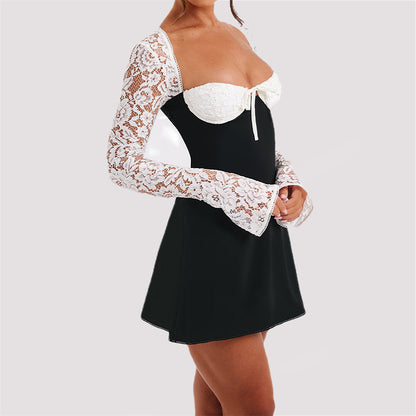 Robe corset à manches longues en dentelle à la mode, robe courte sexy à lacets dos nu Y2K, vêtements pour femmes