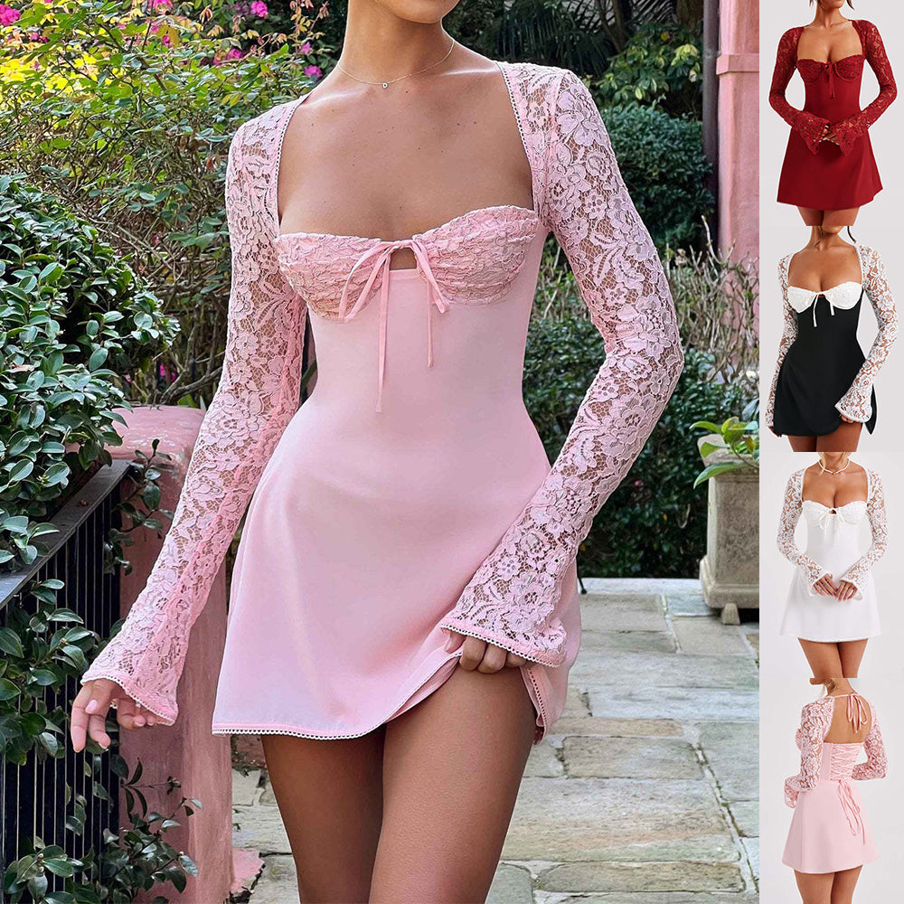 Robe corset à manches longues en dentelle à la mode, robe courte sexy à lacets dos nu Y2K, vêtements pour femmes