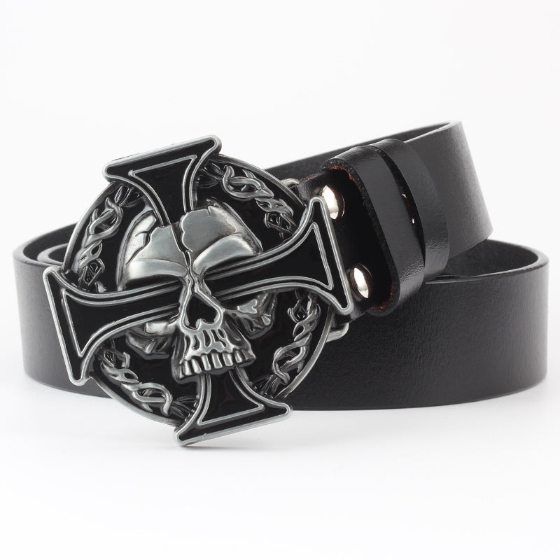 Ceinture décorative en cuir pur avec motif tête de mort