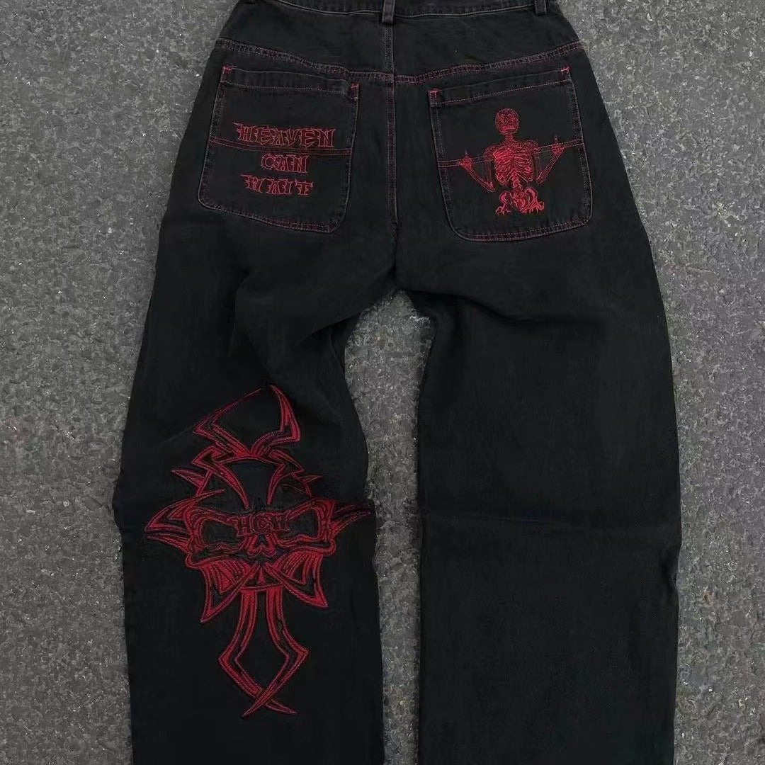 Embroidered Skull Cotton Casual Straight Pants