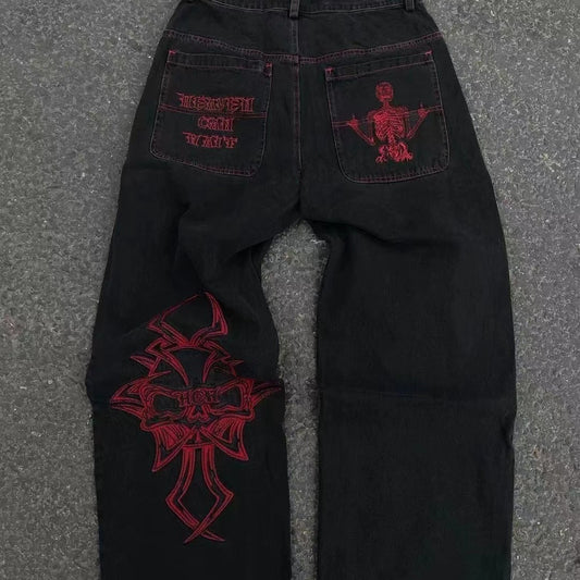 Pantalon droit décontracté en coton avec tête de mort brodée