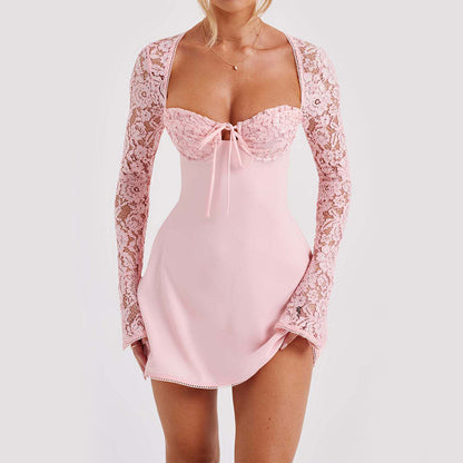 Robe corset à manches longues en dentelle à la mode, robe courte sexy à lacets dos nu Y2K, vêtements pour femmes