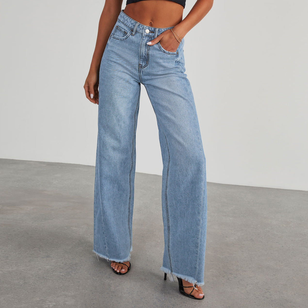 Jean taille haute tendance avec poches, pantalon confortable à coupe slim et jambes larges, vêtements pour femmes