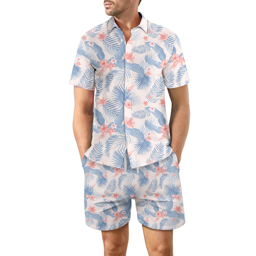 Ensemble 2 pièces chemise de plage imprimée costume d'été haut à revers ample boutonné et poches à cordon short décontracté à manches courtes costumes pour hommes vêtements