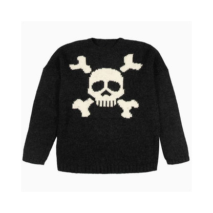 Lockerer Retro-Pullover aus Brokat mit langen Ärmeln und Totenkopf