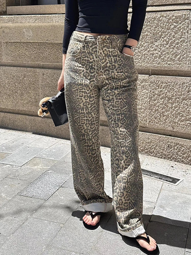 Women High Waisted Jeans Leopard Korean Style Casual Y2k Retro Harajuku Straight Baggy Pants Hot Retro Trousers Streetwear