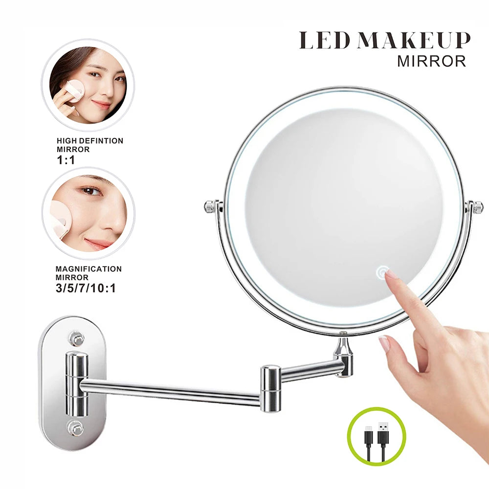 Miroir de maquillage chromé de 8 pouces, grossissement 3x/5x/7x/10x, double face, chargement USB, lumière 3 couleurs, miroirs cosmétiques intelligents pour salle de bain