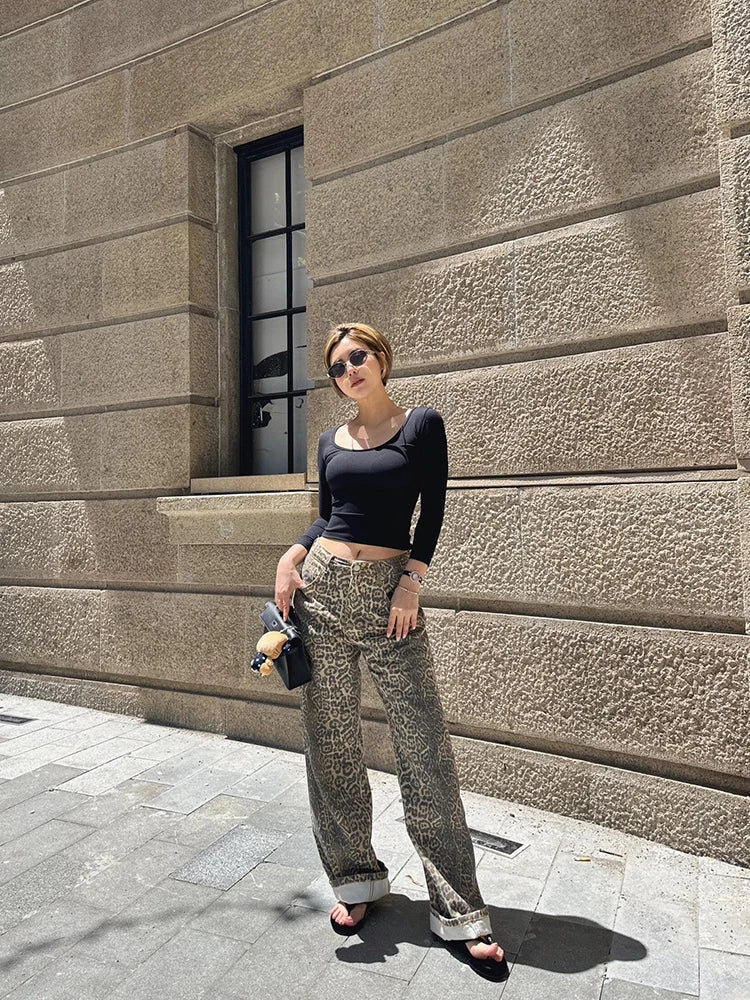 Women High Waisted Jeans Leopard Korean Style Casual Y2k Retro Harajuku Straight Baggy Pants Hot Retro Trousers Streetwear