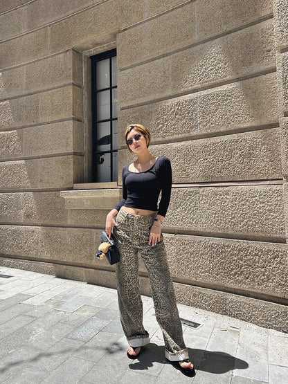 Women High Waisted Jeans Leopard Korean Style Casual Y2k Retro Harajuku Straight Baggy Pants Hot Retro Trousers Streetwear