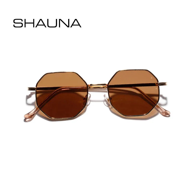 SHAUNA Retro Metal Frame Hexagon Sunglasses Brand Designer Fashion Rose Gold Mirror Shades UV400