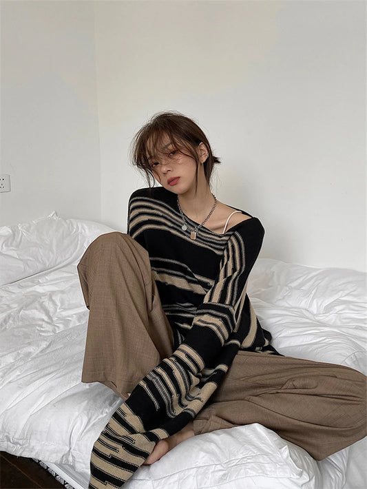 LMQ NEW Women Punk Gothic Striped Long Sleeve Loose Patchwork Sweater Hip Hop Retro Oversize Pullover Casual Knitted Jumpers