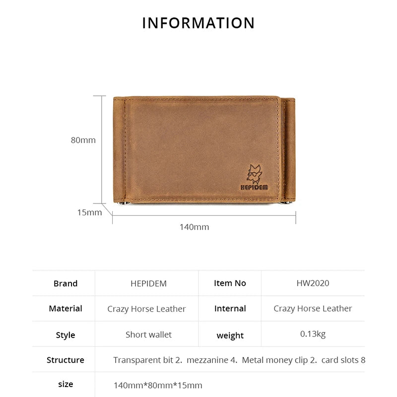 HEPIDEM RFID High Quality Crazy Horse Genuine Leather Slim Wallet 2020 New Front Pocket Money Dollar Bill Purse for Men HW2020