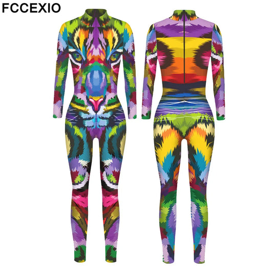 FCCEXIO Colorful 3D Tiger Print Jumpsuit  Long Sleeve Sexy Women Skinny Jumpsuit Party Series Cosplay Elastic Bodysuits