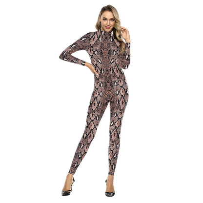 FCCEXIO 2021 New Women's Jumpsuit Sexy Snake Printed Romper Bodycon Female Body Outfits Party Bodysuit Cosplay Costumes