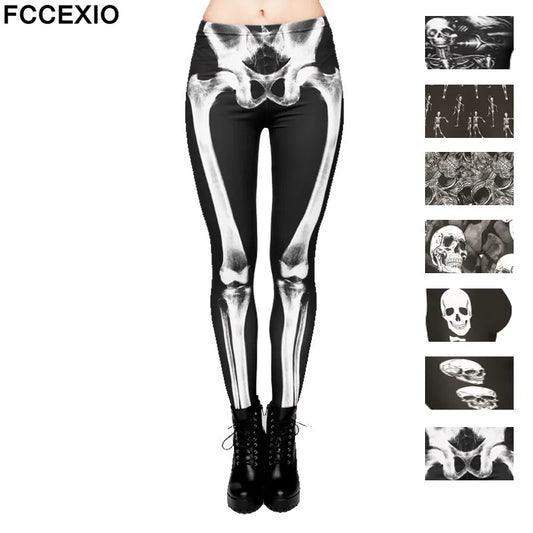 FCCEXIO Nouvelle Marque 3D Imprimé Rétro Os Noir Squelette Sexy Femmes Casual Punk Rock Leggins Taille Haute Pantalon Fitness Leggings