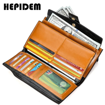 HEPIDEM RFID High Quality Genuine Leather Long Wallet 2020 New Female Front Pocket Money Dollar Bill Purse for Women 8236