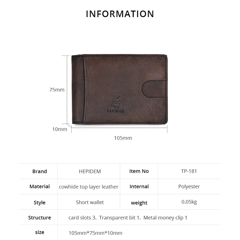 HEPIDEM RFID High Quality Crazy Horse Genuine Leather Slim Wallet 2020 New Front Pocket Money Dollar Bill Purse for Men 181