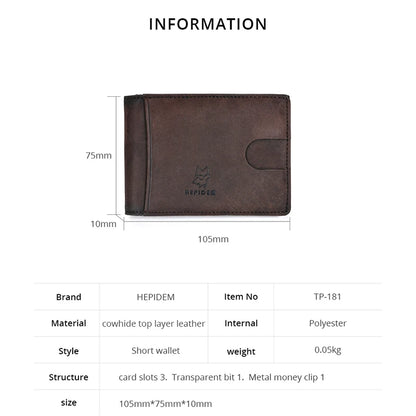 HEPIDEM RFID High Quality Crazy Horse Genuine Leather Slim Wallet 2020 New Front Pocket Money Dollar Bill Purse for Men 181