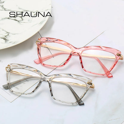 SHAUNA Spring Hinge Unique Faceted Eyeglasses Frame Women Transparent Cat Eye Glasses UV400