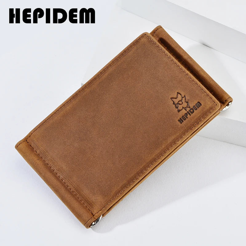 HEPIDEM RFID High Quality Crazy Horse Genuine Leather Slim Wallet 2020 New Front Pocket Money Dollar Bill Purse for Men HW2020