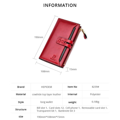 HEPIDEM RFID High Quality Genuine Leather Long Wallet 2020 New Female Front Pocket Money Dollar Bill Purse for Women 8239