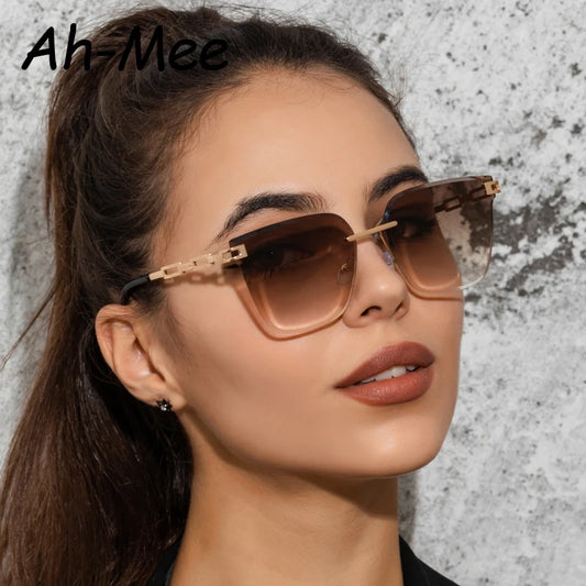 New Sunglasses Women Rimless Cat Eye Eyewear Gradient Brown Cutting Lens Sun Glasses For Female Alloy Eyeglasses Brand Designer