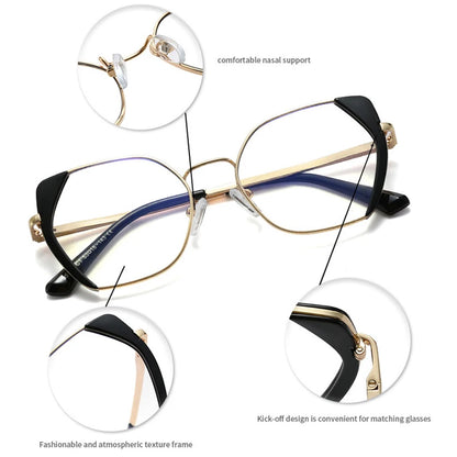 SHAUNA Retro Polygon Cat Eye Brillengestell für Damen, modisch, zweifarbig, Federscharnier, transparent, Anti-Blaulicht-Brillenrahmen