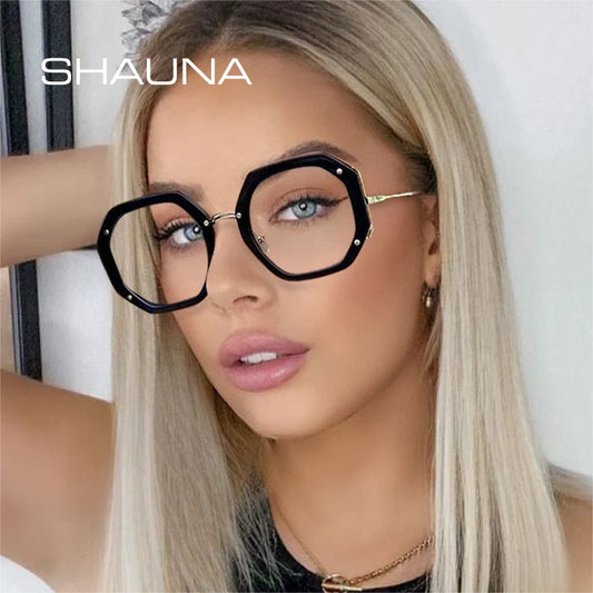 SHAUNA Retro Polygon Square Women Eyeglasses Frame Clear Anti Blue Light Lens Eyewear Spring Hinge Men Optical Glasses Frame