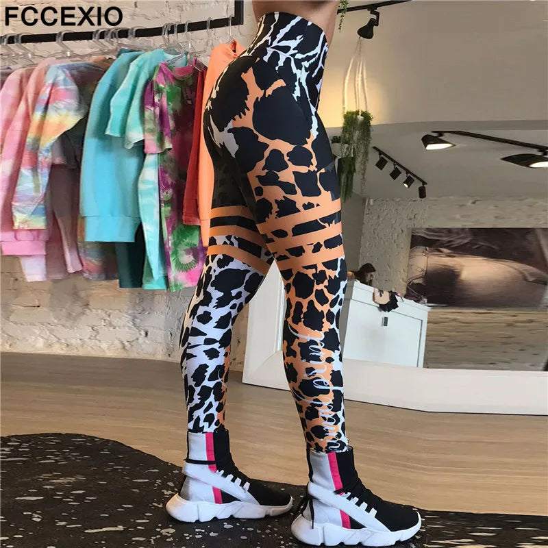 FCCEXIO Leopard Patchwork 3D Print Women Pants Push Up Running Sports Leggings Slim Pants Female Casual Trousers Fitness Legging