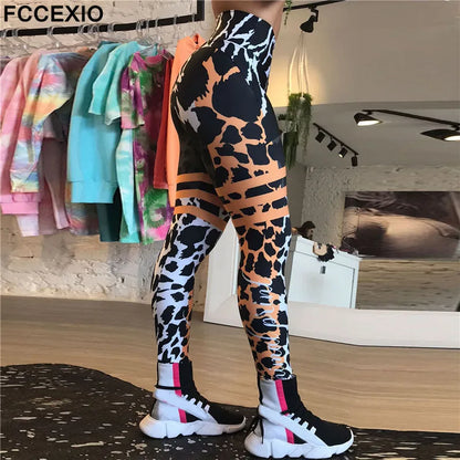 FCCEXIO Leopard Patchwork 3D Print Women Pants Push Up Running Sports Leggings Slim Pants Female Casual Trousers Fitness Legging