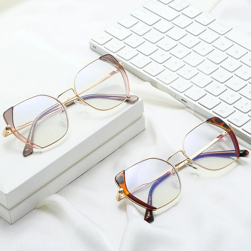 SHAUNA Retro Polygon Cat Eye Women Glasses Frame Fashion Double Color Spring Hinge Men Clear Anti Blue Light Optical Frame