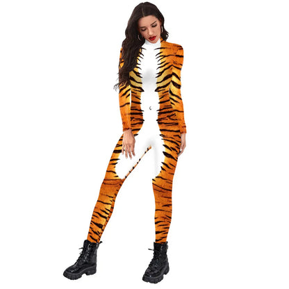 FCCEXIO Tier Tiger Streifen Druck Urlaub Party Nahtlose Erwachsene Kostüme Sexy Overall Tragen Cosplay Bodywear Catsuit Bodysuit