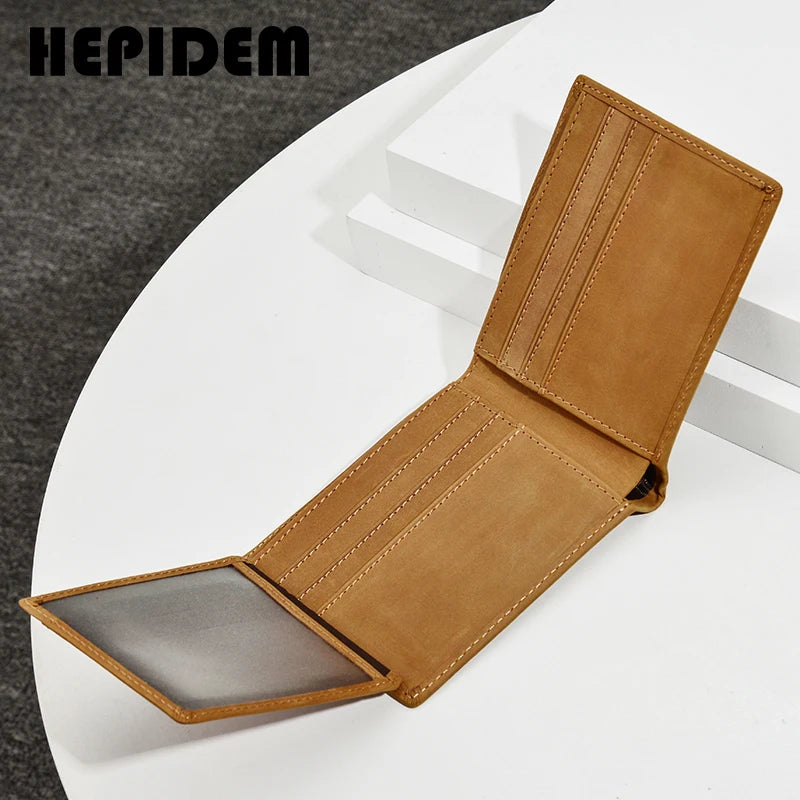 HEPIDEM RFID High Quality Crazy Horse Genuine Leather Slim Wallet 2020 New Front Pocket Money Dollar Bill Purse for Men 162