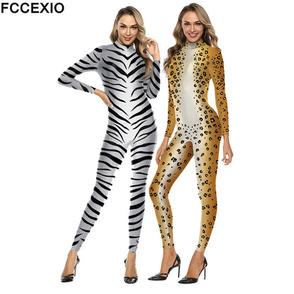 FCCEXIO Cosplay Sexy Zebra Leopard Muster Bodys Frauen Langarm Kostüme Purim Karneval Overall Für Erwachsene