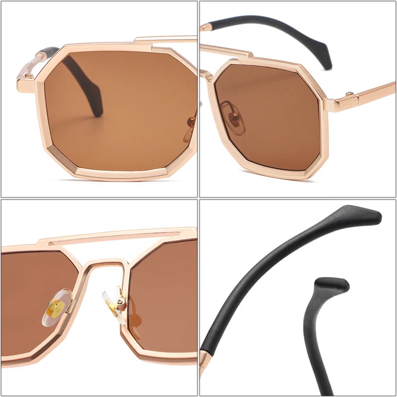 SHAUNA Rétro Double Ponts Polygone Carré Femmes Lunettes De Soleil Mode Cadre En Métal Miroir Nuances UV400 Hommes Punk Lunettes De Soleil