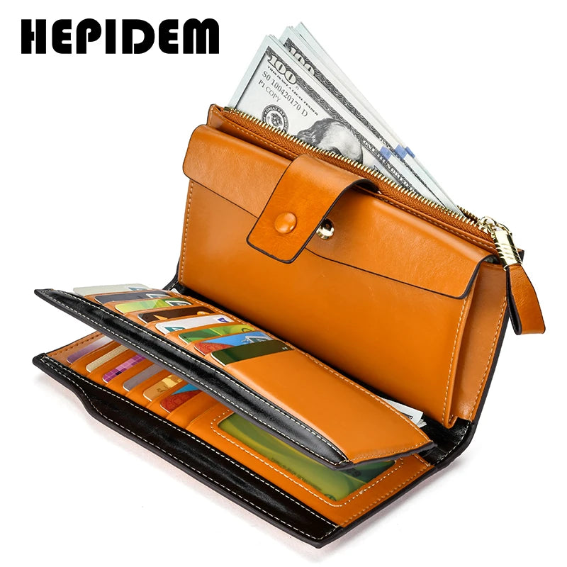 HEPIDEM RFID High Quality Genuine Leather Long Wallet 2020 New Female Front Pocket Money Dollar Bill Purse for Women 8236