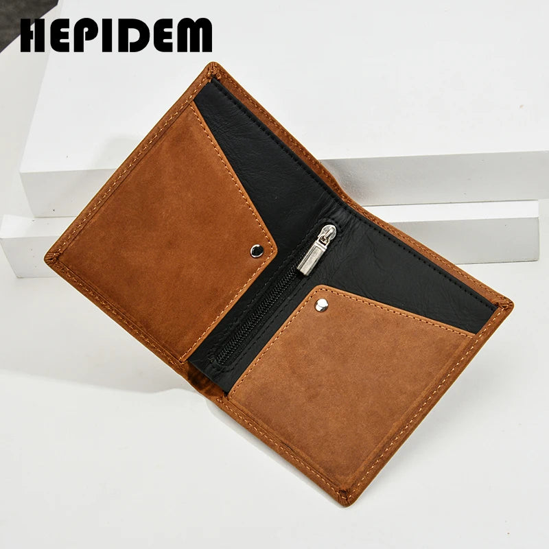 HEPIDEM RFID High Quality Crazy Horse Genuine Leather Slim Wallet 2020 New Front Pocket Money Dollar Short Purse for Men 115