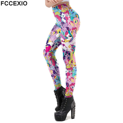 FCCEXIO 2024 New Leggings Fashion Cute Unicorn Print Legings Women Elastic Fitness Leggins Mid Waist Trouser Skinny Sexy Pant