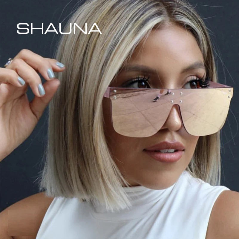 SHAUNA Lunettes de soleil aviateur surdimensionnées rétro à rivets pour femmes, marque de créateur, mode, une pièce, miroir, réfléchissant, nuances UV400