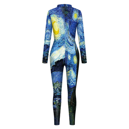 FCCEXIO Enganliegende Jumpsuits für Damen mit Van Gogh-Gemälden in Stern- und Mondnacht, Cosplay-Kostüme, langärmelige Catsuits, modische Bodysuits