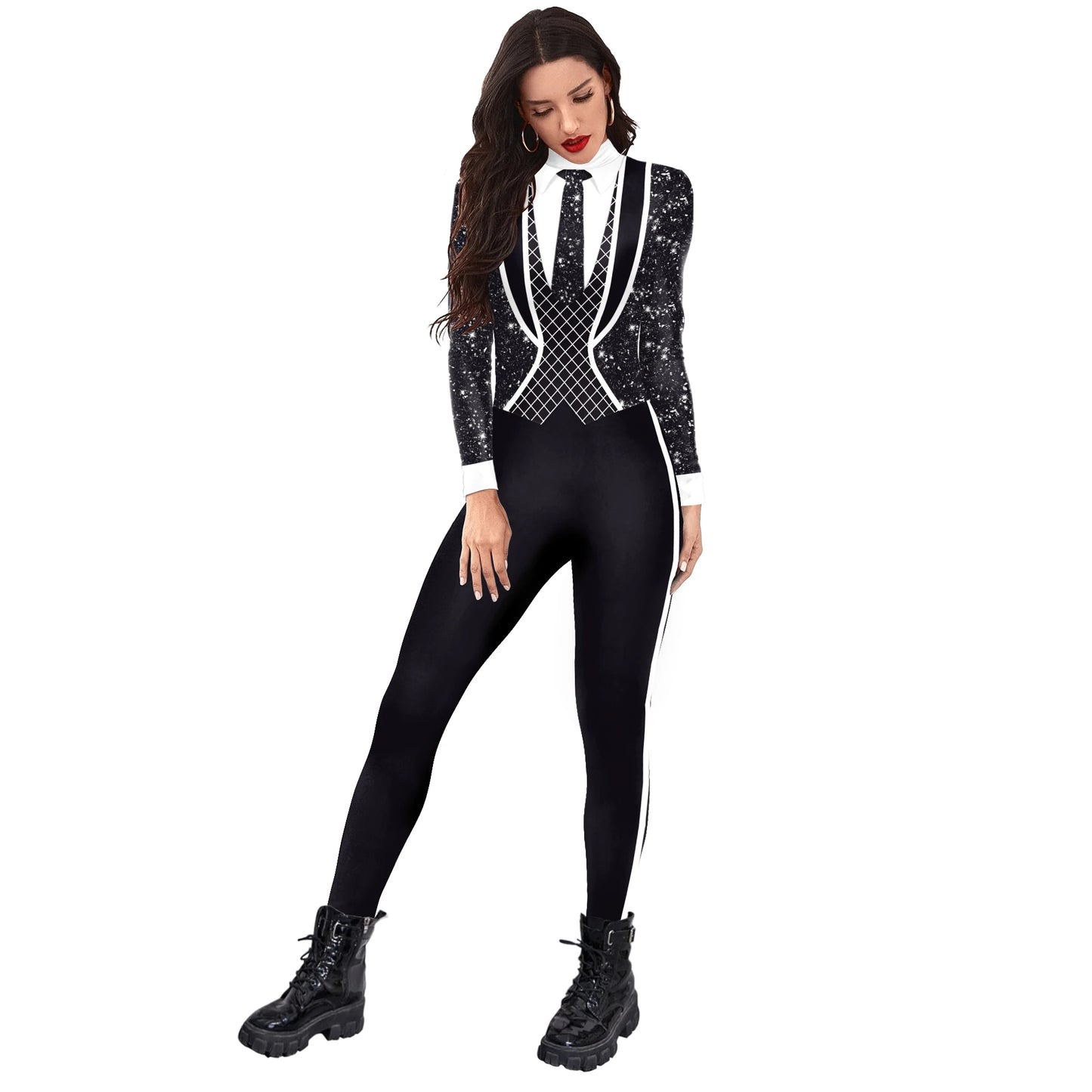 FCCEXIO Formal Pants Suit Black Printed Catsuit Cosplay Uniform Carnival Party Fake Lapel Tie Temperament Jumpsuit Dating Suit