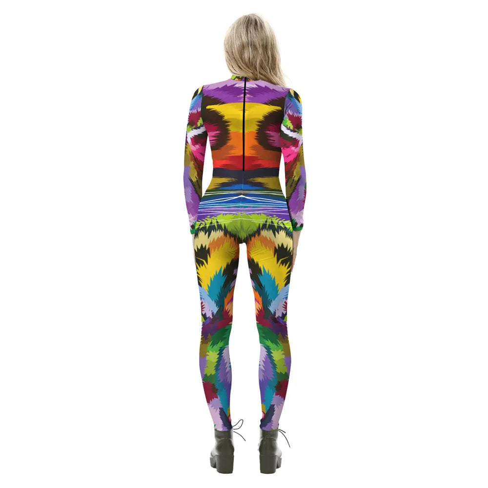 FCCEXIO Colorful 3D Tiger Print Jumpsuit  Long Sleeve Sexy Women Skinny Jumpsuit Party Series Cosplay Elastic Bodysuits