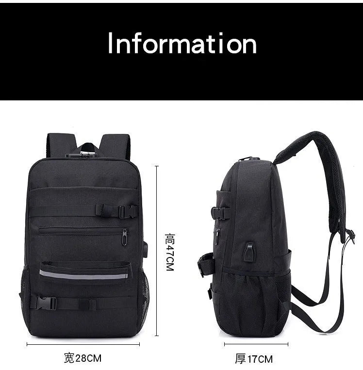 FCCEXIO Skateboard Backpack Anti-theft Password Lock USB Charging Shoulder Bag Unisex Leisure Travel Computer Bag Longboard Bag