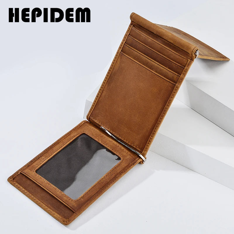 HEPIDEM RFID High Quality Crazy Horse Genuine Leather Slim Wallet 2020 New Front Pocket Money Dollar Bill Purse for Men HW2020